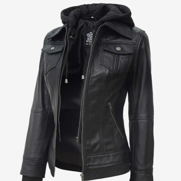 Black Bomber Leather Jacket with Removable Hood NEW Sz M - Picture 2 of 11